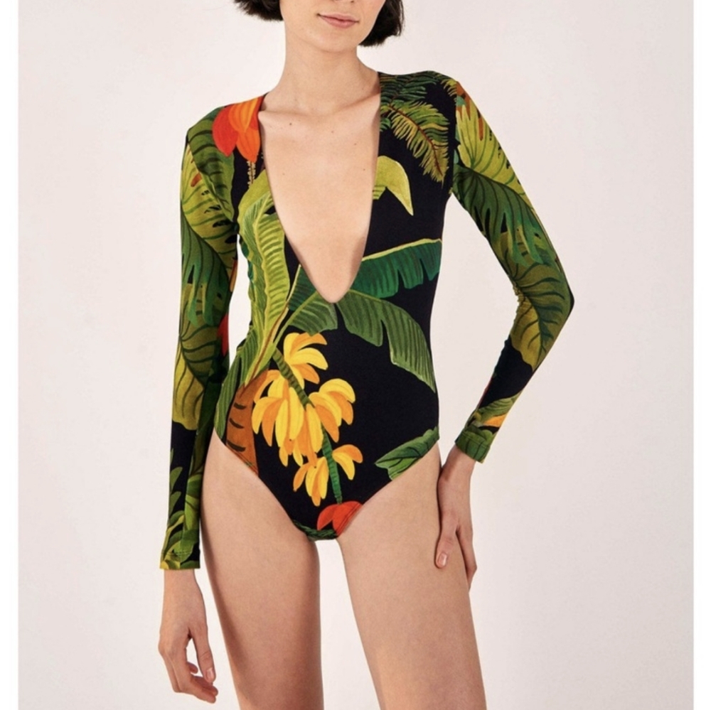 FARM Rio Cocoa Forest Long Sleeve Bodysuit Black & Green Poly & Elastane Size Sm